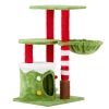 32in Cat Scratching Posts Tower with Cat Condo and Hammock, Christmas Themed Plush Cat Tree with Cat Massage Brush, Activity Center for Indoor Cats
