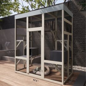 62.6 Gray Wooden Catio Outdoor Pet Enclosure With Waterproof Top, Spacious And Secure Cat House   Small Animal Cage, Black Rust-proof Metal Wire (Option: Gray)