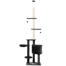 PawHut Adjustable Height Floor-To-Ceiling Vertical Cat Tree With Carpet Platforms, Condo  Rope Scratching Areas, Dark Grey (Option: Gray)