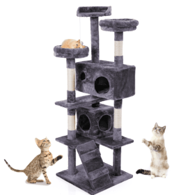 Cat Tree Cat Tower With Catching Ball, Plush Mat, Ladder And Indoor Cat Apartment, Gray (Color: Grey)