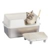 PStainless Steel Cat Litter Box with Lid, Extra Large Litter Pan with High Sides for Big Cats, Kitty Litter Box with Pedal Filter and Scoop, No Odor