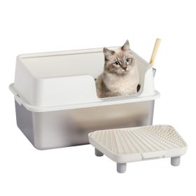 PStainless Steel Cat Litter Box with Lid, Extra Large Litter Pan with High Sides for Big Cats, Kitty Litter Box with Pedal Filter and Scoop, No Odor (Color: as picture)
